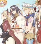  1boy 1other 5girls aruti black_hair blonde_hair blue_eyes blush cake carrying commentary dilated_pupils earrings ereshkigal_(fate) fate/grand_order fate_(series) food fujimaru_ritsuka_(female) fujimaru_ritsuka_(female)_(polar_chaldea_uniform) gilgamesh_(caster)_(fate) gilgamesh_(fate) hair_ribbon hephaestion_(fate) hoop_earrings jewelry medjed_(fate) multiple_girls nitocris_(fate) nitocris_(swimsuit_assassin)_(fate) oda_nobunaga_(fate) orange_hair red_eyes red_ribbon ribbon shoulder_tattoo skull smile strawberry_cake surprised sweatdrop tattoo thought_bubble 