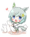  1girl :d animal_ears blue_eyes blush_stickers cat chibi colored_shadow commentary_request flower frilled_sleeves frills full_body green_shorts grey_hair hair_between_eyes hair_flower hair_ornament hairclip heart horse_ears horse_girl horse_tail komakoma_(magicaltale) long_sleeves puffy_long_sleeves puffy_sleeves see-through seiun_sky_(umamusume) shadow shirt short_shorts shorts simple_background smile solo tail umamusume white_background white_cat white_shirt yellow_flower 