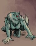  2023 4_eyes anthro anthrofied black_nose canid canine canis claws colored eldritch_abomination fear_and_hunger female fluffy fluffy_chest fur grey_body grey_fur hands_on_floor kneeling looking_away mammal mane multi_eye muscular muscular_female p5ych red_eyes shaded sharp_teeth simple_background solo teeth wolf 