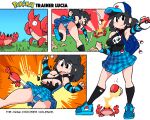  1girl armpits baseball_cap black_bra black_shirt black_socks blue_footwear blue_panties blue_skirt bra copyright_name corphish crab detached_sleeves elbow_gloves english_text gloves grass halter_shirt halterneck hat highres lucia_(scott_malin) multiple_views original panties plaid plaid_skirt poke_ball poke_ball_(basic) pokemon print_headwear print_shirt scott_malin shirt shoes single_detached_sleeve single_elbow_glove skirt sleeveless sleeveless_shirt socks striped striped_gloves striped_panties striped_sleeves throwing_poke_ball torn_clothes underwear 