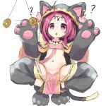  1girl ? @_@ afterimage ahoge animal_ears animal_hands blush cat_ears cat_tail chestnut_mouth coin coin_on_string detached_pants elbow_gloves fake_animal_ears forehead full_body fur_trim gloves grey_footwear grey_gloves groin hood hood_up hypnosis mind_control navel original parted_lips paw_gloves paw_shoes pelvic_curtain pink_eyes pink_hair siera_(sieracitrus) simple_background solo squatting tail white_background 
