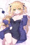  1girl absurdres bare_legs bare_shoulders black_nightgown blonde_hair blush breasts eyepatch fischl_(genshin_impact) genshin_impact green_eyes highres long_hair looking_at_viewer masaki_(msk064) nightgown on_bed open_mouth purple_sweater solo stuffed_animal stuffed_toy sweater teddy_bear two_side_up 