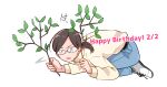  1girl belt black_belt blue_pants brown_hair commentary egawa_michiko full_body glasses happy_birthday hiding highres kashikaze lonely_girl_ni_sakaraenai long_sleeves looking_at_viewer medium_hair opaque_glasses pants short_ponytail simple_background solo sweater white_background white_footwear white_sweater 