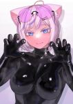  absurdres ahoge animal_ears black_bodysuit blue_eyes bodysuit breasts cat_ears claw_pose eyewear_on_head glasses highres kilye_kairi latex latex_bodysuit medium_breasts original pink-tinted_eyewear pink_hair short_hair skin_tight tinted_eyewear turtleneck upper_body 