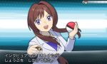  1girl :d brown_hair highres holding holding_pen holding_poke_ball jacket jewelry katwo long_hair looking_at_viewer necklace official_style otonashi_etsuko parody pen poke_ball pokemon purple_eyes purple_shirt shirt smile solo style_parody umamusume upper_body 