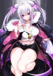  1girl absurdres arknights breasts camisole cleavage dog_tags grey_hair head_wings highres jacket jacket_on_shoulders jewelry knees_together_feet_apart large_breasts long_hair long_sleeves manticore_(arknights) midriff navel necklace pointy_ears purple_eyes scorpion_tail shoes short_hair solo tail thighs twintails wide_sleeves wings yonagi_white 