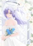  1girl bechu blue_archive blue_butterfly blue_eyes blue_flower blue_rose blurry blurry_background blush breasts bridal_veil bug butter butterfly choker cleavage dress flower food hair_between_eyes hair_flower hair_ornament halo highres holding holding_flower long_hair looking_at_viewer medium_breasts petals purple_eyes purple_hair rose solo strapless strapless_dress two_side_up veil wedding_dress white_choker white_dress white_flower white_rose yuuka_(blue_archive) 