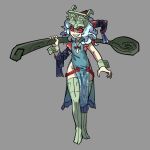  1girl alternate_costume china_dress chinese_clothes dress full_body grey_background highres holding holding_spoon horizontal_pupils horns kaibootsu red_eyes sharp_teeth sheep_girl sheep_horns sleeveless sleeveless_dress solo spoon teeth touhou toutetsu_yuuma 