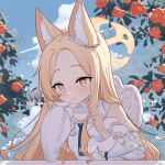  1girl absurdres animal_ears bare_shoulders blonde_hair blue_archive closed_mouth detached_sleeves dress fox_ears halo highres kulomi long_hair seia_(blue_archive) smile solo very_long_hair white_dress white_sleeves yellow_eyes yellow_halo 