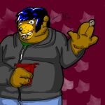  2006 4_fingers anthro bear black_nose blue_bottomwear blue_clothing blue_hair blue_pants bottomwear box brown_body brown_eyes brown_fur clothing container cookie dialogue eating english_text fingers food fur grey_sweatshirt hair holding_box holding_container holding_cookie holding_food holding_object leaf_background looking_at_viewer male mammal palms pants pink_background portrait red_box round_ears short_hair showing_teeth simple_background smile smiling_at_viewer snout solo sweatshirt teddybearlumpkins text three-quarter_portrait 