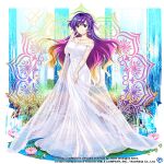  1girl breasts bridal_veil brown_hair cleavage closed_mouth commentary copyright_name dress earrings english_commentary full_body game_cg hijiri_byakuren hijiri_byakuren_(white_lotus_flower_of_salvation) jewelry large_breasts lily_pad long_hair looking_at_viewer purple_eyes purple_hair rotte_(1109) smile solo standing third-party_source touhou touhou_lost_word veil wedding_dress white_dress 