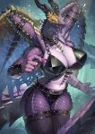  anthro big_breasts breasts capcom chaotic_gore_magala claws clothed clothing dragon eguchi_tumoru female fishnet fishnet_legwear gold_scales hi_res horn legwear looking_at_viewer membrane_(anatomy) membranous_wings monster_hunter non-mammal_breasts purple_body purple_scales red_sclera scales scalie solo tail thick_thighs topwear white_eyes winged_arms wings 