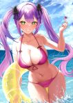  1girl absurdres azuukichan bikini blush breasts cleavage collarbone commentary day finger_heart green_eyes hair_ornament hand_up heart highres holding holding_innertube hololive innertube large_breasts long_hair looking_at_viewer navel ocean outdoors pink_bikini purple_hair sidelocks smile solo stomach swimsuit teeth tokoyami_towa twintails virtual_youtuber wading 
