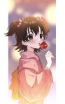  1girl akagi_miria black_hair blurry blurry_background blush brown_eyes candy_apple commentary_request dddd_akagi food hair_bobbles hair_ornament highres idolmaster idolmaster_cinderella_girls japanese_clothes kimono pink_kimono short_hair solo tongue tongue_out two_side_up upper_body 