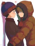  2boys animification beanie blonde_hair blue_eyes book book_to_mouth gloves hat holding holding_book hood hood_up hoodie kenny_mccormick male_child male_focus multiple_boys orange_hoodie pantygnomes red_gloves south_park stan_marsh yaoi 