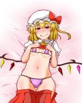  1girl ascot bed_sheet bikini blonde_hair blush bow breasts closed_mouth clothes_lift commentary_request covered_nipples crystal_wings fang fang_out flandre_scarlet frilled_shirt_collar frills hands_on_own_chest hat hat_bow lifted_by_self looking_at_viewer lying mob_cap narrowed_eyes navel on_back pleated_skirt purple_bikini red_bow red_skirt red_vest shiraue_yuu shirt shirt_lift short_hair short_sleeves side_ponytail skirt skirt_removed small_breasts smile smug solo swimsuit touhou vest white_headwear white_shirt wings yellow_ascot 