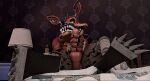  animatronic bed bedroom canid canine claws five_nights_at_freddy&#039;s five_nights_at_freddy&#039;s_4 fox foxofnightmares foxy_(fnaf) front_view furniture genitals humanoid lamp machine male mammal masturbation nightmare_foxy_(fnaf) penis pirate red_body red_penis robot robotic scottgames sharp_claws sharp_teeth solo teeth yellow_eyes 