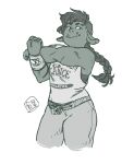  braided_hair braided_ponytail clothed clothing female fully_clothed hair humanoid killian_(taz) malawach muscular muscular_female orc ponytail shirt smile solo stretching sweatpants tank_top text text_on_clothing text_on_topwear the_adventure_zone topwear underbite undercut 