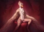  anthro avian azazello beak erection feathers genitals male mcrepsi nude penis simple_background sitting slit smirking_at_viewer solo tail tapering_penis winged_arms wings yellow_eyes 