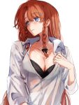  1girl black_bra bra braid braided_sidelock breasts cleavage collarbone highres hong_meiling large_breasts long_hair looking_to_the_side open_collar red_hair sarukana shirt simple_background sketch solo straight_hair touhou twin_braids underwear very_long_hair white_background white_shirt 