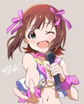  1girl :d amami_haruka anniversary bare_shoulders blush breasts brown_hair choker cleavage crop_top cropped_jacket dot_nose goma_konbu green_eyes hair_ribbon hand_up highres holding holding_microphone idolmaster idolmaster_(classic) idolmaster_million_live! idolmaster_million_live!_theater_days jacket light_brown_background looking_at_viewer medium_breasts microphone midriff multicolored_clothes multicolored_jacket navel one_eye_closed open_clothes open_jacket open_mouth pink_choker pink_diamond_765_(idolmaster) pink_ribbon pink_shirt pink_wrist_cuffs reaching reaching_towards_viewer ribbon shirt short_hair simple_background sleeveless sleeveless_jacket smile solo strapless strapless_shirt two-tone_jacket upper_body v 
