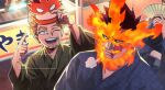  0ksiri0 2boys alternate_costume beard beard_stubble boku_no_hero_academia character_mask endeavor_(boku_no_hero_academia) facial_hair food_stand hawks_(boku_no_hero_academia) highres japanese_clothes kimono male_focus mask mature_male merchandise multiple_boys official_style one_eye_closed scar scar_across_eye short_hair sideburns sigh spiked_hair steam_from_mouth stubble summer_festival sweatdrop thick_eyebrows yukata 