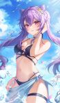  1girl absurdres bare_shoulders bikini blush braid breasts cleavage cone_hair_bun english_commentary genshin_impact hair_bun hair_ornament halterneck highres keqing_(genshin_impact) long_hair looking_at_viewer medium_breasts navel outdoors purple_eyes purple_hair sarong solo string_bikini swimsuit thigh_strap twintails water wet youwon0417 