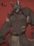  anthro areola bottomwear breechcloth bulge canid canine claws clothing dated grin harness heterochromia hi_res leash leash_pull looking_at_viewer male mammal munax_od navel nipples pecs red_background simple_background smile solo 