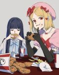  2girls beret black_eyes black_gloves black_hair blonde_hair blue_bow blunt_bangs bone bow bowtie closed_mouth collarbone commentary_request cup disposable_cup dress drinking_straw eating elbow_gloves elbows_on_table empty_eyes food food_on_face frederica_bernkastel french_fries fried_chicken full_mouth gloves grey_background hair_bow half-closed_eyes hands_up hat highres holding holding_food index_finger_raised jewelry kfc lambdadelta leaning_forward long_hair looking_at_viewer looking_away multiple_girls multiple_hair_bows nasu_(nasuotabe) necklace open_mouth pearl_necklace pink_dress pink_headwear puffy_short_sleeves puffy_sleeves red_bow red_eyes shirt short_hair short_sleeves sidelocks swept_bangs umineko_no_naku_koro_ni upper_body white_shirt wide_sleeves 