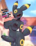  absurd_res anthro anthrofied areola ashraely big_areola big_breasts big_nipples black_body black_fur black_nipples blurred_background blush bodily_fluids breasts canid canine curvy_figure cute_fangs dialogue digital_media_(artwork) eeveelution english_text fur generation_2_pokemon genitals glistening glistening_body gynomorph hi_res huge_breasts humanoid_genitalia humanoid_penis intersex looking_at_viewer mammal navel nintendo nipples nude open_mouth outdoor_nudity outside penis pokemon pokemon_(species) pokemorph public red_sclera simple_background smile solo standing talking_to_viewer text thick_penis thick_thighs third-party_edit tongue umbreon voluptuous wide_hips 