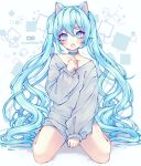  1girl animal_ears anny_(yoai) aqua_eyes aqua_hair bell blue_eyes blue_hair blush bottomless cat_ears cat_girl choker clothes_tug collarbone eyelashes fang full_body grey_sweater hair_between_eyes hand_up hatsune_miku highres kemonomimi_mode long_hair long_sleeves looking_at_viewer neck_bell open_mouth sleeves_past_wrists solo square sweater sweater_tug twintails twitter_username very_long_hair vocaloid white_background 