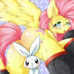  2014 angel_(mlp) big_butt butt clothing duo equid equine eyewear female feral fluttershy_(mlp) friendship_is_magic glasses hasbro lagomorph legwear leporid looking_at_viewer mammal mane my_little_pony open_mouth pegasus pink_mane rabbit size_difference spread_wings standing stockings suddenhack wings yellow_body 
