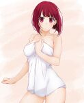  1girl arima_kana ass_visible_through_thighs bare_arms bare_shoulders blush closed_mouth collarbone commentary_request hand_up hinata_masaki looking_at_viewer naked_towel oshi_no_ko red_eyes red_hair short_hair solo towel 