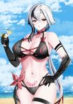  1girl absurdres arlecchino_(genshin_impact) bare_shoulders beach bikini black_bikini black_hair black_skin blue_sky breasts cleavage cocktail_glass collarbone colored_skin cup drinking_glass genshin_impact gradient_skin grey_eyes highleg highleg_bikini highres large_breasts long_hair looking_at_viewer low_ponytail multicolored_hair navel pubic_tattoo red_pupils shore sky solo streaked_hair swimsuit symbol-shaped_pupils tattoo thigh_strap thighs tian_kazuki white_hair x-shaped_pupils 