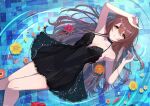  1girl arm_up armpits bare_legs black_choker black_dress breasts brown_hair choker cleavage collarbone dress feet_out_of_frame hair_spread_out highres idolmaster idolmaster_shiny_colors lace-trimmed_dress lace_trim long_hair looking_at_viewer lying lying_on_water medium_breasts on_back osaki_tenka partially_submerged sikimosh solo straight_hair tile_floor tiles very_long_hair 