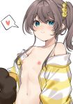  1girl bare_shoulders blue_eyes blush breasts brown_hair closed_mouth collarbone commentary erubusubori heart highres hololive jacket long_sleeves looking_at_viewer medium_hair naked_jacket natsuiro_matsuri natsuiro_matsuri_(matsuri&#039;s_day_off) navel nipples official_alternate_costume scrunchie side_ponytail simple_background small_breasts smile solo speech_bubble spoken_heart striped striped_jacket upper_body variant_set virtual_youtuber white_background white_jacket yellow_jacket yellow_scrunchie 