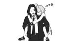  1boy 1girl ahoge beard black_hair blue_archive carrying crossover facial_hair formal highres hoshino_(blue_archive) john_wick john_wick_(character) long_hair necktie piggyback shirt shoes short_hair shudwho sleeping sneakers socks suit white_shirt 