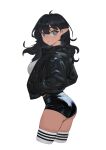  1girl absurdres black_hair breasts elf frown grey_eyes hands_in_pockets highres jacket large_breasts leather leather_jacket long_hair looking_at_viewer open_clothes open_jacket original pointy_ears saessacman shorts solo thighhighs white_background 