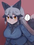  ... 1girl animal_ears aramaru black_hair blush bow bowtie breasts extra_ears fox_ears fox_tail fur_trim grey_hair hair_between_eyes highres jacket kemono_friends kemono_friends_3 large_breasts long_hair long_sleeves looking_at_viewer multicolored_hair silver_fox_(kemono_friends) skirt spoken_ellipsis tail 