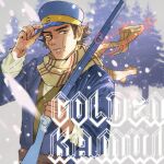  1boy character_name copyright_name day golden_kamuy gun hat highres holding holding_gun holding_weapon imperial_japanese_army kepi long_sleeves military_hat outdoors sazanami_mikoto scar scar_on_face scar_on_mouth scar_on_nose scarf short_hair sideburns snowing sugimoto_saichi weapon yellow_scarf 
