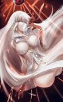 1girl ass bracelet breasts durga_(fate) earrings fate/grand_order fate_(series) highres jewelry large_breasts red_background red_eyes red_ribbon revealing_clothes ribbon ring single_earring smile user_uevw2882 white_hair 