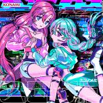  2girls album_cover bare_shoulders blue_choker blue_eyes blue_hair blue_shorts boots braid breasts choker closed_mouth commentary_request cover crop_top highres hinabita holding_hands hood hood_down hooded_jacket jacket knee_pads konami logo long_hair long_sleeves looking_at_viewer midriff multiple_girls narume off_shoulder open_clothes open_jacket parted_lips pink_eyes pink_hair pixel_art see-through see-through_jacket shinonome_kokona shinonome_natsuhi shorts single_braid small_breasts twintails very_long_hair white_footwear white_shorts 