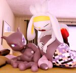  adynamical anthro clothing duo generation_1_pokemon generation_8_pokemon genitals hi_res legendary_pokemon legwear lying male male/male mewtwo nintendo nipples on_side pokemon pokemon_(species) raboot size_difference thigh_highs 