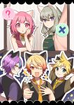  2girls 3boys :3 aa_subarashiki_nyansei_(vocaloid) animal_ears aqua_eyes black_vest blonde_hair brown_shirt cat_boy cat_ears cat_girl cat_tail curtains green_hair green_vest highres isono_skyk kagamine_len kamishiro_rui kusanagi_nene long_hair low_tied_sidelocks multicolored_hair multiple_boys multiple_girls ootori_emu open_mouth pink_eyes pink_hair pink_vest project_sekai purple_hair purple_shirt shirt short_sleeves smile sparkle streaked_hair tail tenma_tsukasa vest vocaloid window wonderlands_x_showtime_(project_sekai) yellow_eyes 