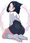  1girl ass black_hair black_shorts blush closed_mouth commentary_request full_body green_eyes hair_ornament hairclip highres liko_(pokemon) masamu_(leonore69) pokemon pokemon_(anime) pokemon_horizons shirt shorts sleeves_past_elbows smile socks solo split_mouth white_background white_shirt 