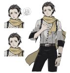  1boy 1girl animal_ears belt black_hair black_pants closed_eyes closed_mouth expressions hand_on_own_chest highres mochizuki_ryouji mole mole_under_eye multiple_views neekosiah pants parted_lips paw_pose persona persona_3 persona_3_portable scarf shiomi_kotone shirt simple_background suspenders tail white_background white_scarf white_shirt 