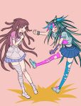  2girls :d absurdres apron bandaged_leg bandages bandaid bandaid_on_knee bandaid_on_leg black_hair blue_hair blush brown_hair clenched_hands closed_eyes danganronpa_(series) danganronpa_2:_goodbye_despair ear_piercing hair_horns hands_up happy highres jewelry long_hair miniskirt mioda_ibuki multicolored_hair multiple_girls open_mouth own_hands_together piercing pink_background pink_hair pink_shirt pleated_skirt puffy_short_sleeves puffy_sleeves school_uniform scrunchie serafuku shirt shoes short_sleeves skirt smile thighhighs torn_clothes torn_thighhighs tsumiki_mikan white_apron white_hair wrist_scrunchie youko-shima 