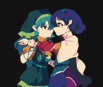  2girls 4qw5 apron black_background black_eyes blue_hair breast_pocket brown_hair capelet corsage dress flower frilled_apron frilled_headwear frilled_shirt frilled_sleeves frills green_apron green_headwear hair_between_eyes hair_ornament hairband hand_up haniyasushin_keiki holding holding_another&#039;s_wrist jewelry long_hair long_sleeves magatama magatama_necklace medium_hair multicolored_clothes multicolored_dress multicolored_hairband multiple_girls necklace pen_in_pocket pixel_art pocket puffy_short_sleeves puffy_sleeves shirt short_sleeves simple_background touhou turtleneck white_capelet white_flower wristband yellow_shirt zipper_dress 