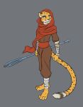  anthro biped black-kitten cheetah clothed clothing countershade_face countershade_fur countershading dipstick_tail felid feline fur hi_res holding_object holding_weapon male mammal markings simple_background solo tail tail_markings weapon yellow_body yellow_fur 