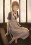  1girl ashitana barefoot closed_mouth dress feet grey_hair highres ico pointy_ears short_hair sitting solo white_dress yorda 